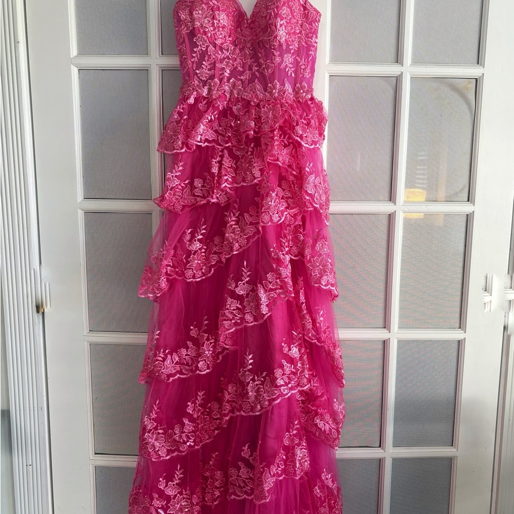 Pink Lace Tiered Homecoming Prom Dress Long Spaghetti Straps Formal